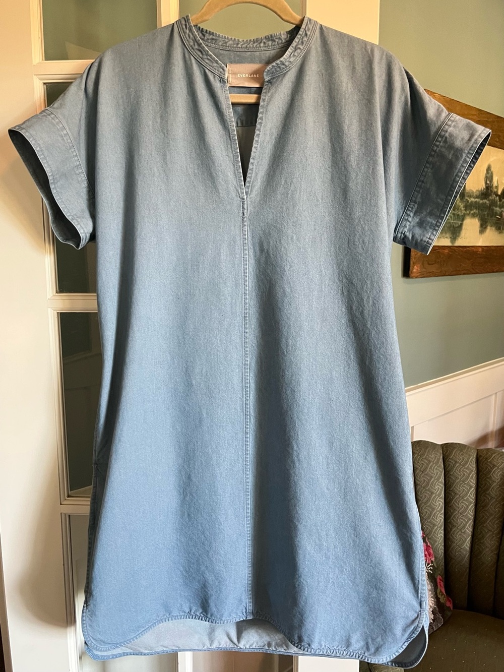 Everlane light indigo denim dress split neck dolman sleeves 6 easy to wear chic